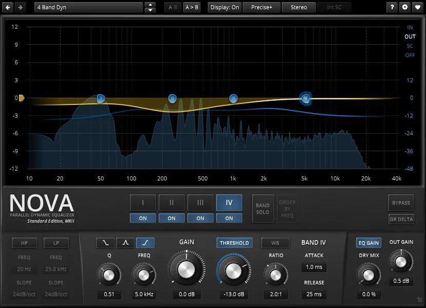 TDR Nova plugin displaying dynamic EQ settings for surgical mixing.