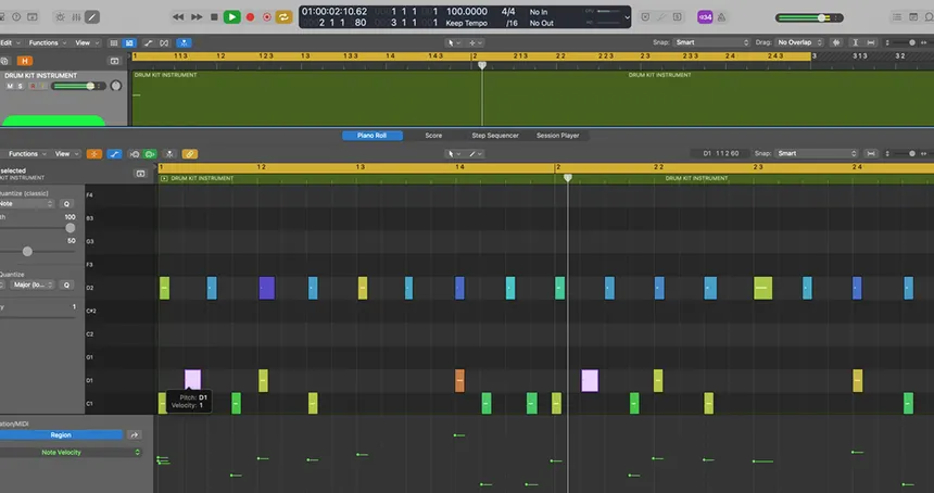 An Afrobeat Drum Kit rhythmic diagram displaying multiple stacked MIDI tracks illustrating the 3-3-2 timing of the Afrobeat clave against a straight 4/4 kick.