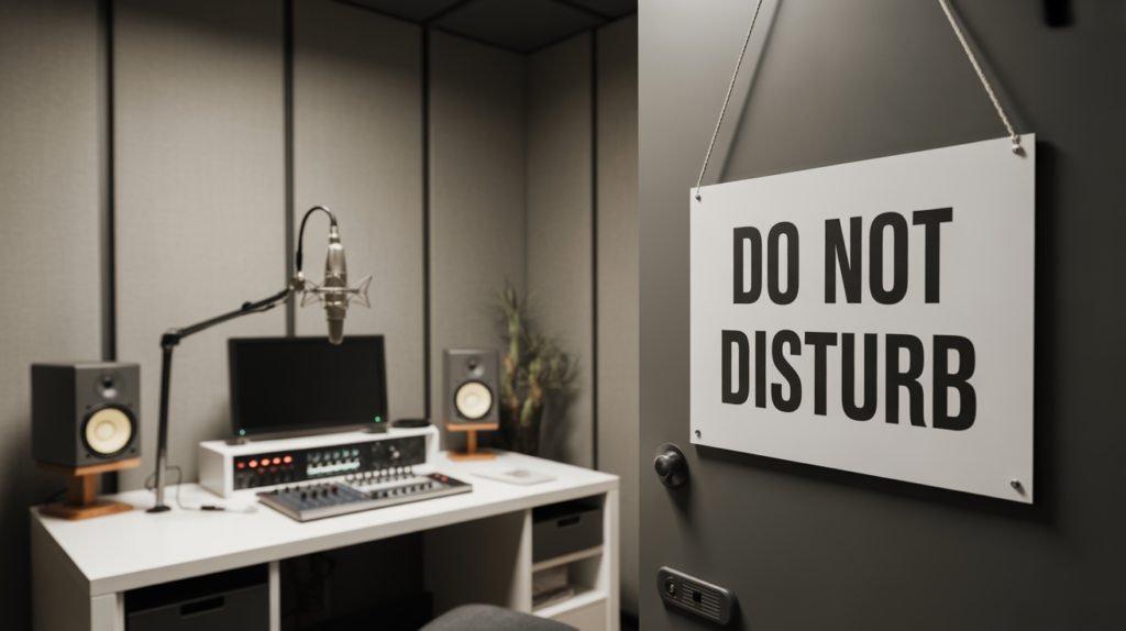 ADHD Music Production A clean, minimalist music production studio setup with a "Do Not Disturb" sign visible.