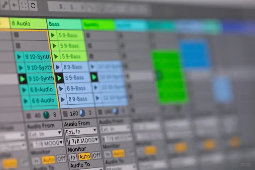 ADHD Music Production DAW arrangement view with all tracks color-coded and clearly labeled (Drums, Bass, Melody) but with generic sounds.