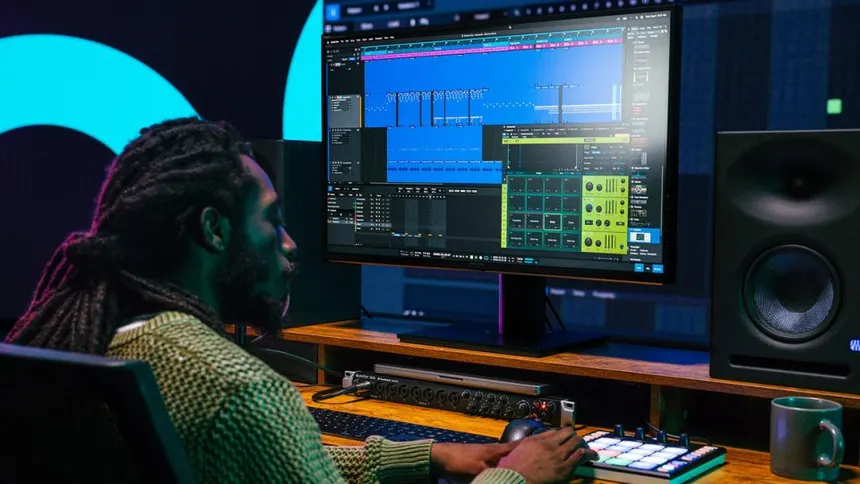 ADHD Music Production DAW mixer screenshot showing pre-loaded tracks with basic EQs/Compressors and send FX already set up.