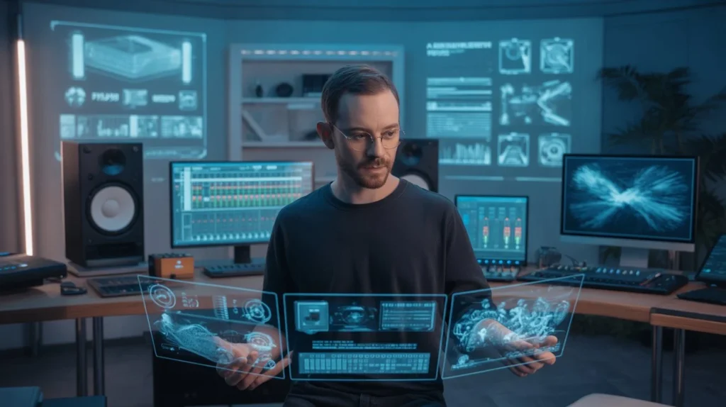 AI Music Tools futuristic studio setup showing a producer working with holographic interfaces and AI monitors..jpeg