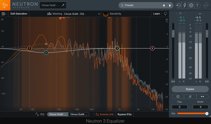 AI Music Production, Image of a popular AI mastering plugin interface (e.g., iZotope Neutron) showing an analysis-generated recommendation on the screen.