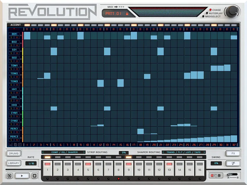 Free Vsts for EDM Screenshot of the VST 5 (808 909 Drum Machine) GUI showing the step sequencer