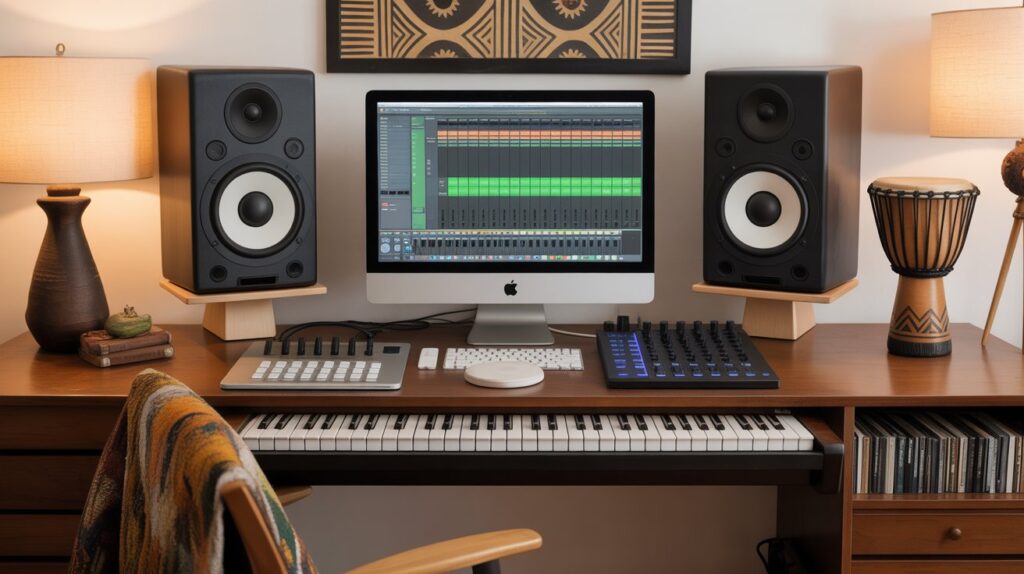 A photo of a professional studio setup with high-quality monitors and visible acoustic treatment, emphasizing the environment needed for critical listening. Finish Music Production