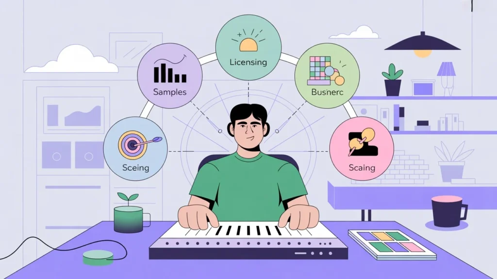 Illustration of a bedroom producer in a superhero pose as a CEO wearing headphones