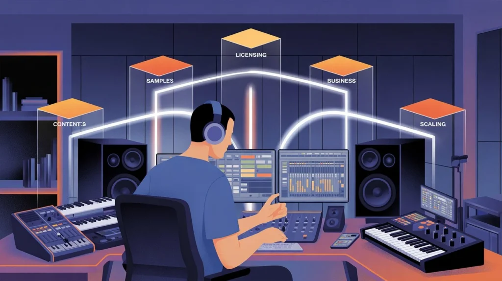 Bedroom Producer Career blueprint showing 5 income pillars and a home studio setup