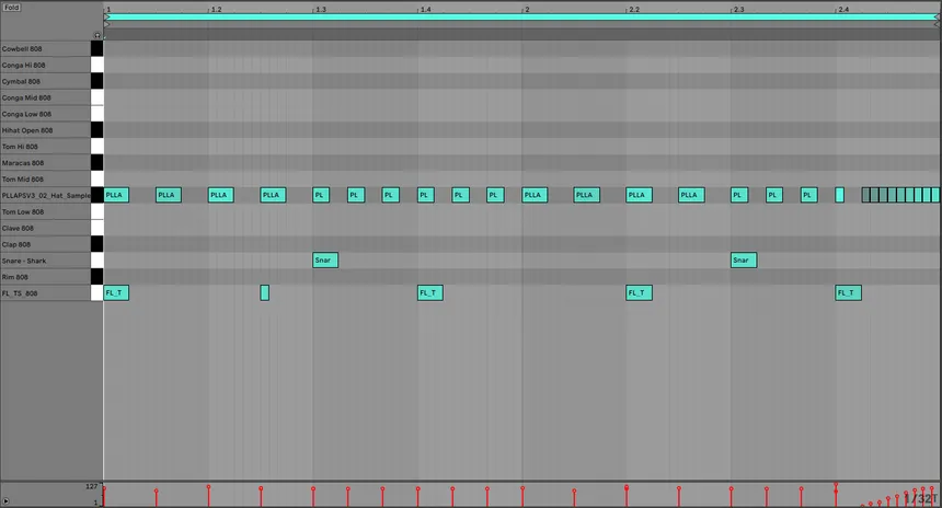 MIDI pattern showing 1/32nd hi-hat rolls and 1/8th timing for Trap drum kits