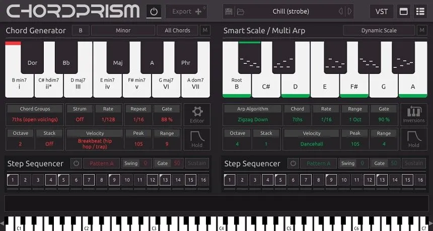 Music Theory for producers a chord helper VST or MIDI editor highlighting suggested notes for the key