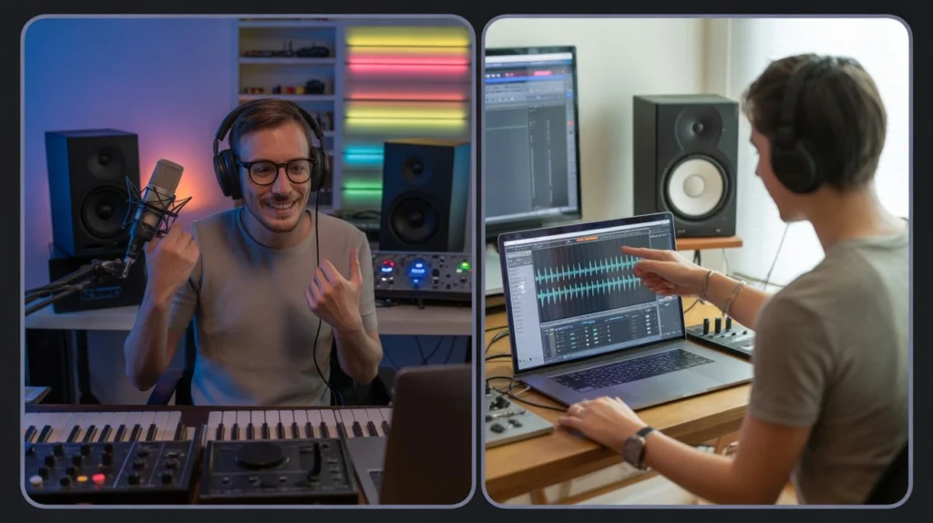 Photo montage of bedroom producer collaborating remotely via video call or file sharing to scale their music producer career through high-impact partnerships.