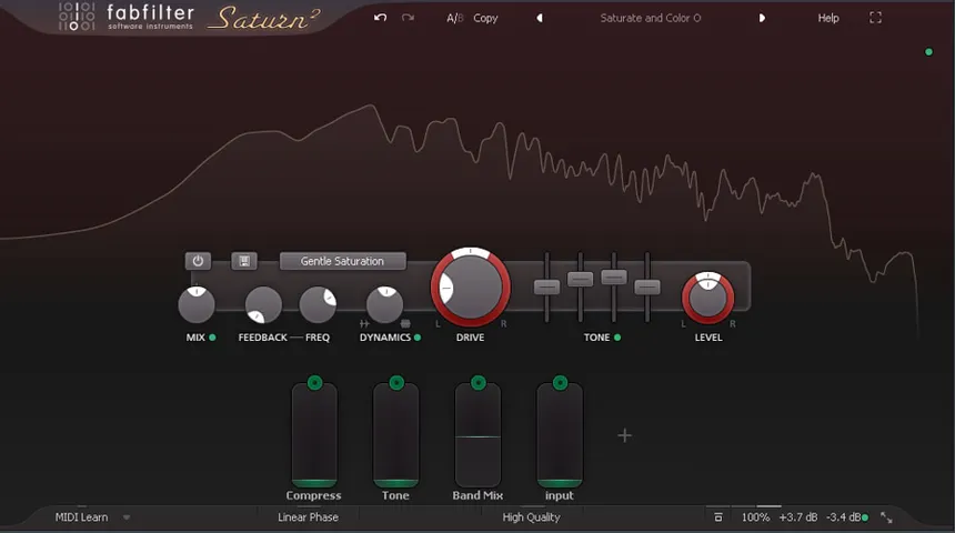 Mix and Match Sample Kits Screenshot of a saturation plugin on a drum bus, showing subtle clipping and harmonic excitation being applied to the group.
