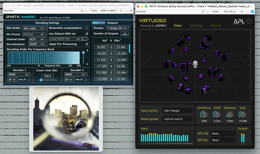 Spatial Audio Mixing Interface of a binaural rendering plugin showing stereo-to-3D translation.