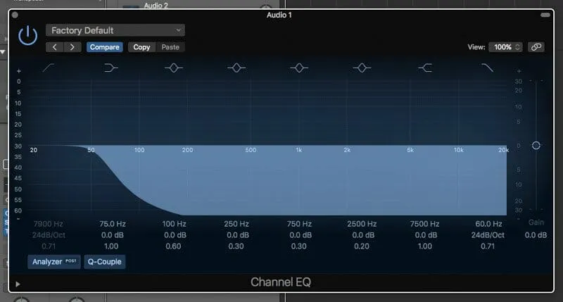 A Trap Mixing screenshot of an M/S equalizer interface showing the "Side" channel's low end aggressively filtered out with a steep high-pass filter around 120 Hz