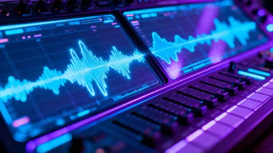 Waveform graphic of a saturated, long-decay 808 bass sample for Trap drum kits production