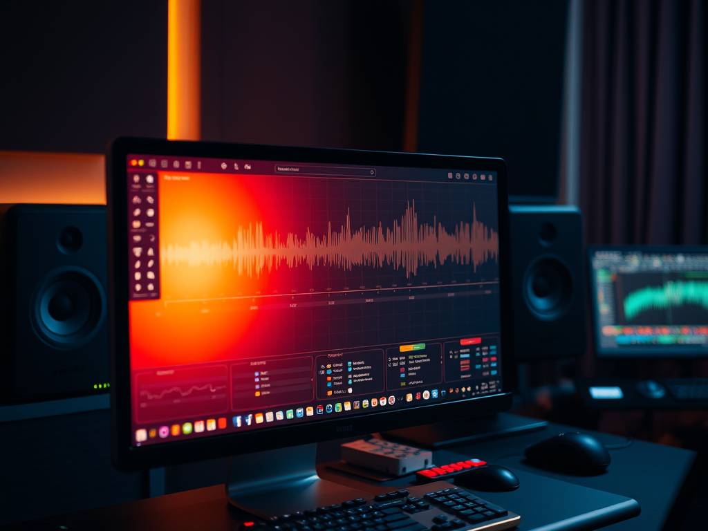 A music producer at a computer monitor using an Analog Warmth Plugin on a track, with a focus on the screen showing a waveform.