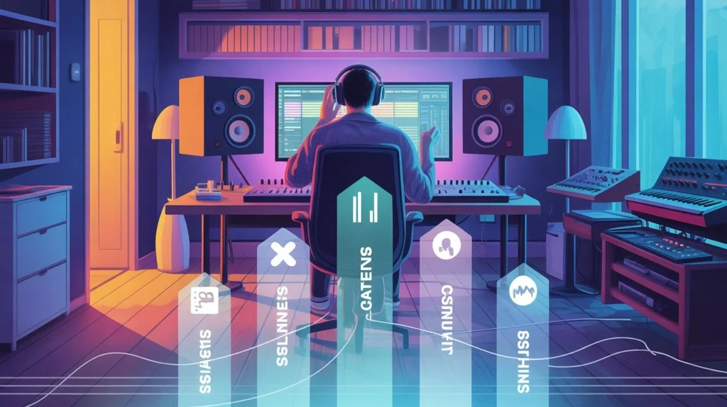 Illustration of a bedroom producer in a superhero pose as a CEO wearing headphones, symbolizing the mindset shift.