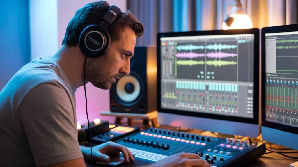 Genre Bending Music Production A photo of a producer with headphones mixing a track with diverse samples visible on screen.