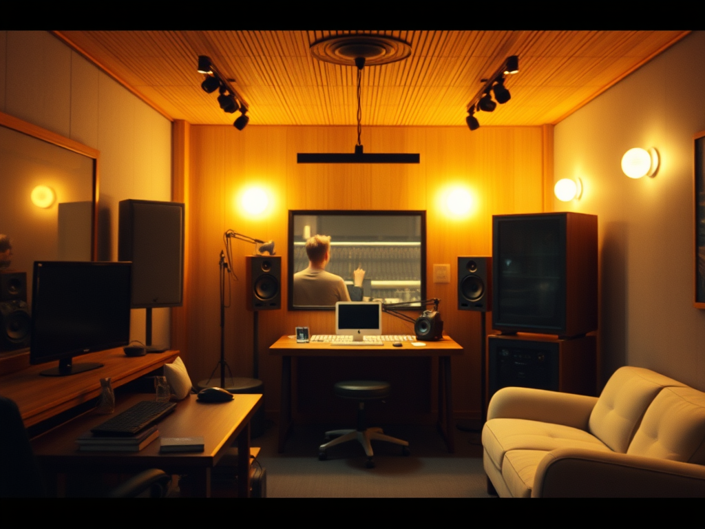  DIY Vocal Booth image of a comfortable, well-lit interior of the finished booth with a producer recording.