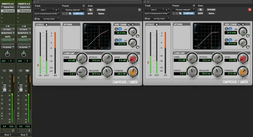 A Trap Mixing DAW screenshot showing an auxiliary channel with a compressor plugin displaying an aggressively high ratio and significant gain reduction.