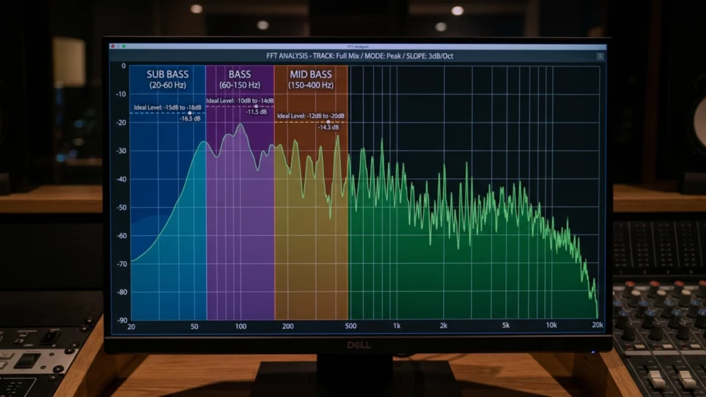 bass frequency spectrum chart showing sub bass mid bass relationship in mix