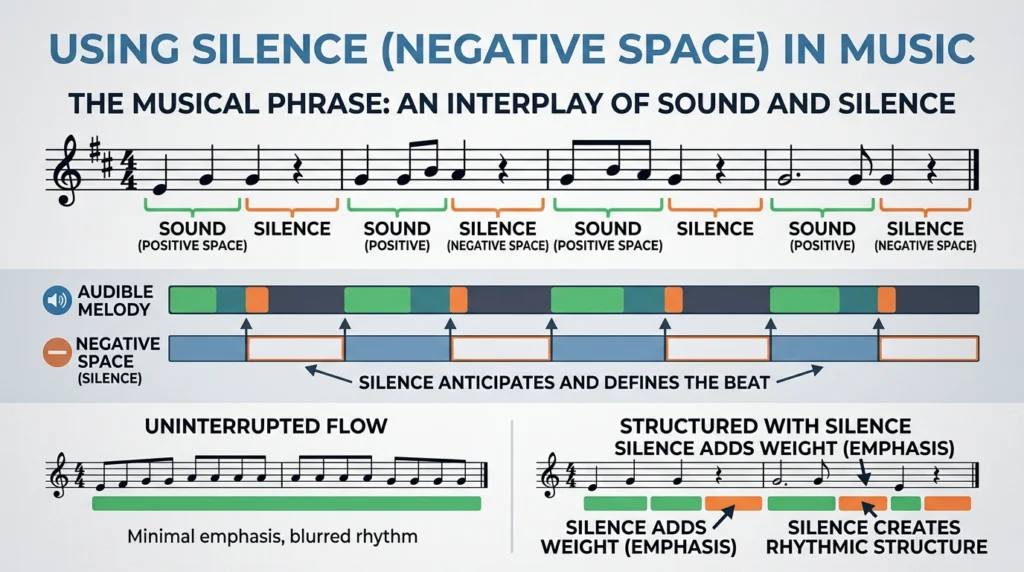 negative space in music production diagram showing silence between notes and phrases