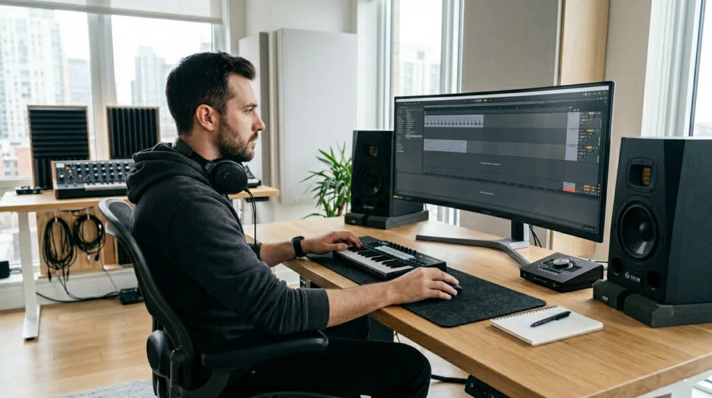 professional producer working with minimal arrangement showing mastery of space