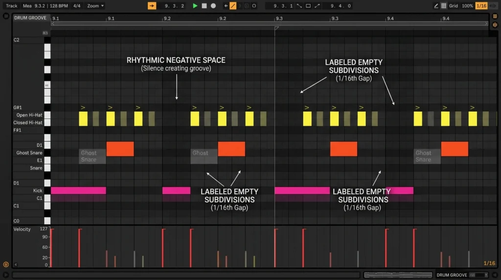 drum pattern with ghost notes and rhythmic negative space creating groove