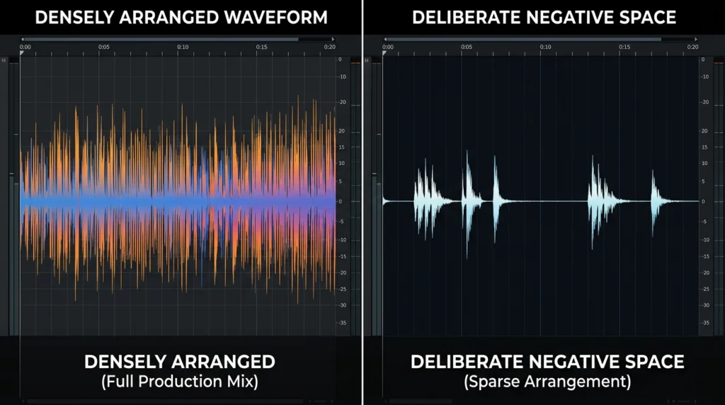 waveform comparison showing dense mix versus mix with deliberate negative space