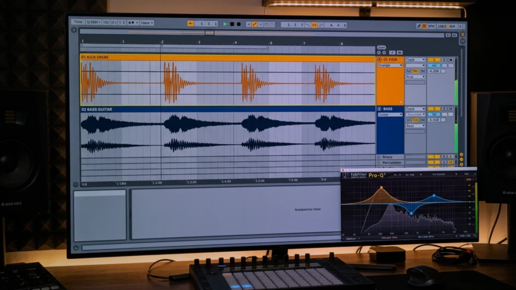 music production foundation layer bass and kick in DAW arrangement view