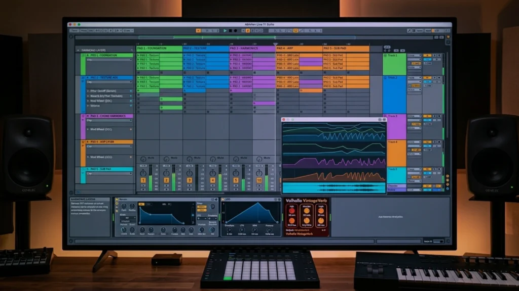 texture layering harmonic pads and chords stacked in music production session