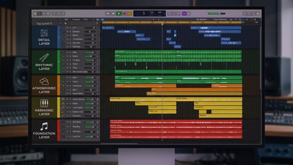 sound texture layering diagram showing multiple audio layers stacked in DAW