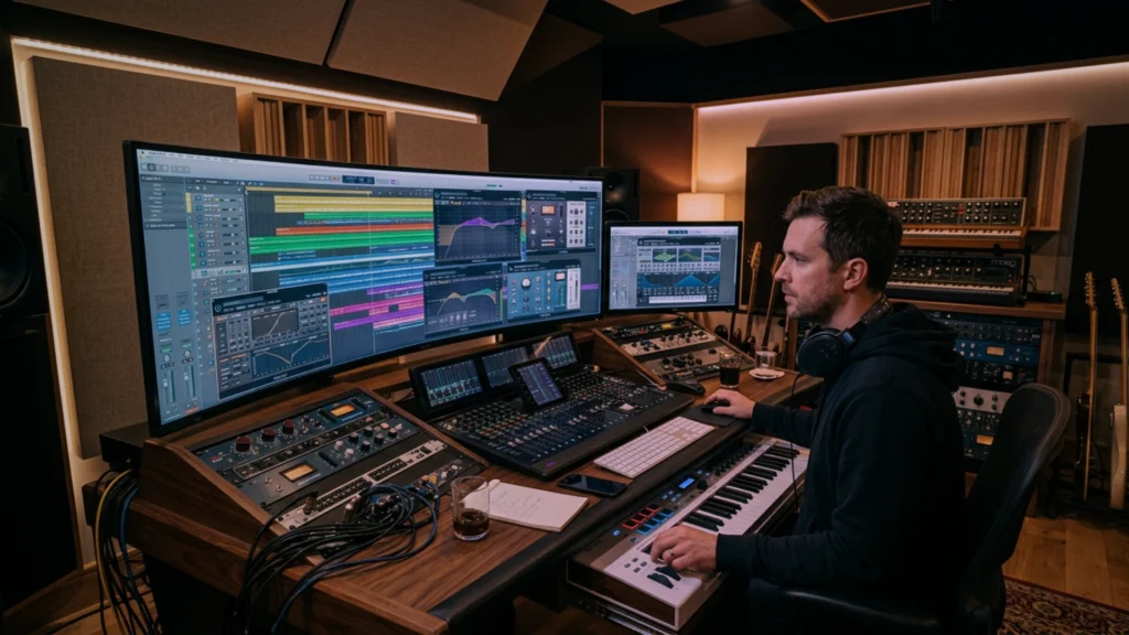 professional producer applying texture layering in full studio production session