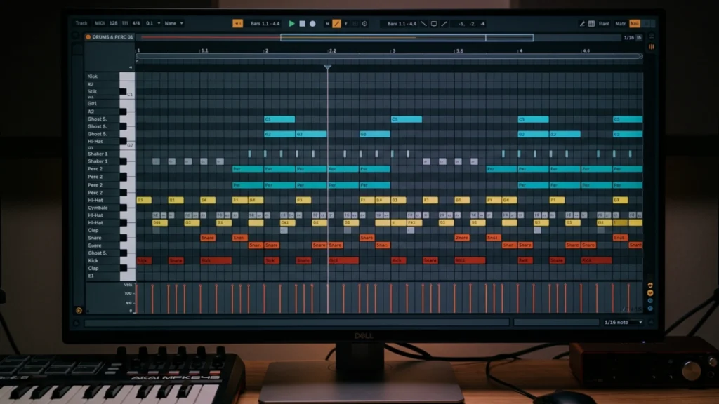 rhythmic texture layering percussion and hi-hat patterns in beat production