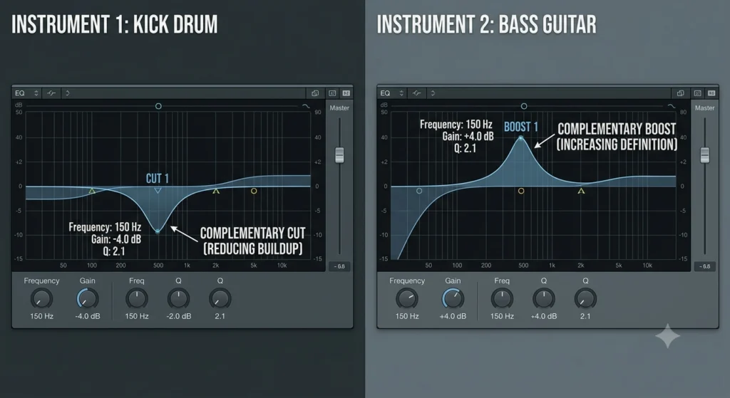 complementary EQ technique showing boost and cut between two competing instruments