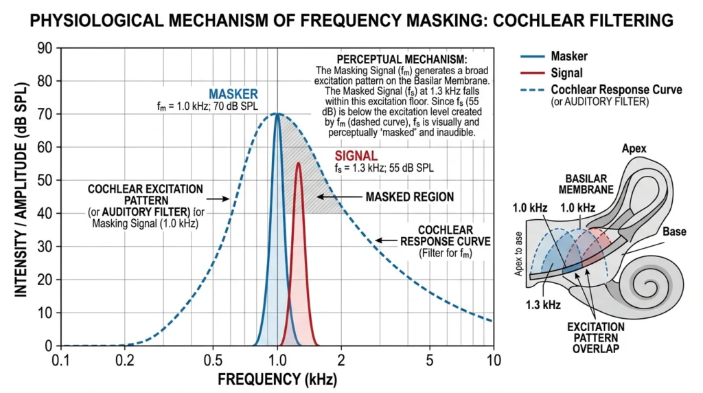 frequency masking diagram showing how louder frequencies obscure quieter ones
