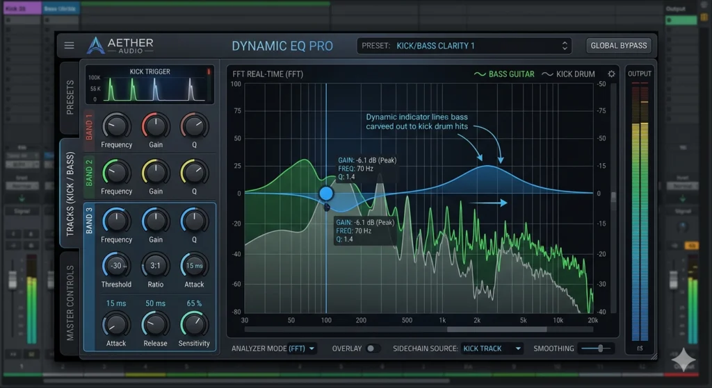 dynamic EQ plugin interface showing frequency masking correction on bass and kick
