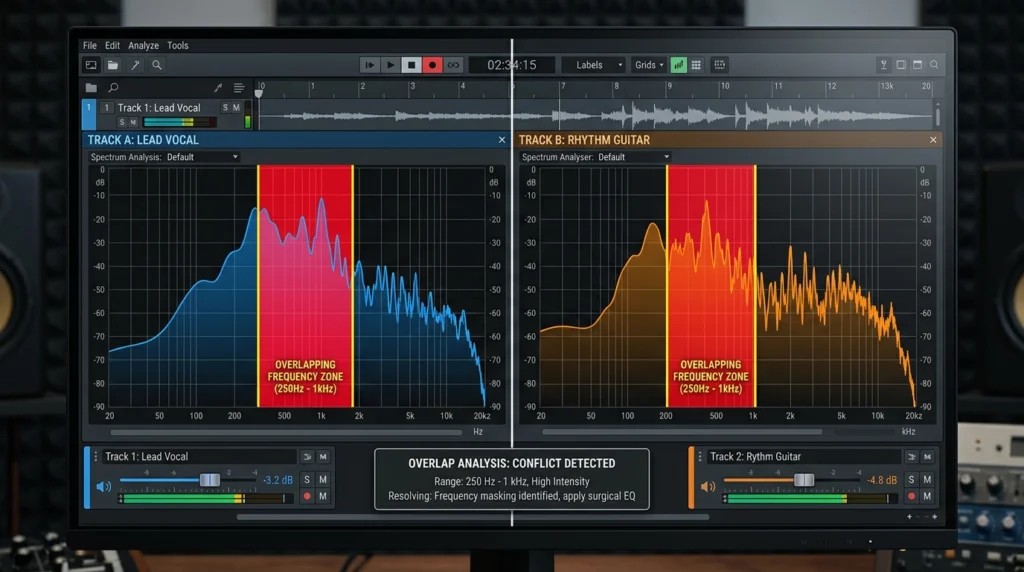 frequency masking identification using spectrum analyzer and reference track comparison