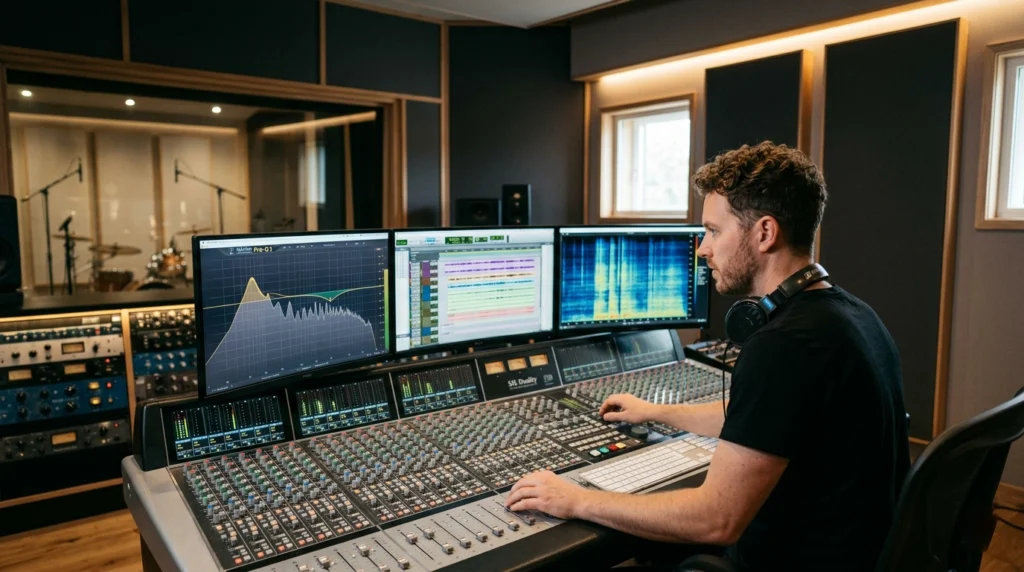 professional mixing engineer solving frequency masking issues in studio session