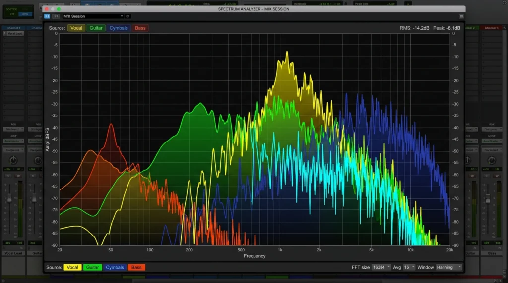  spectrum analyzer showing frequency masking between competing elements in mix