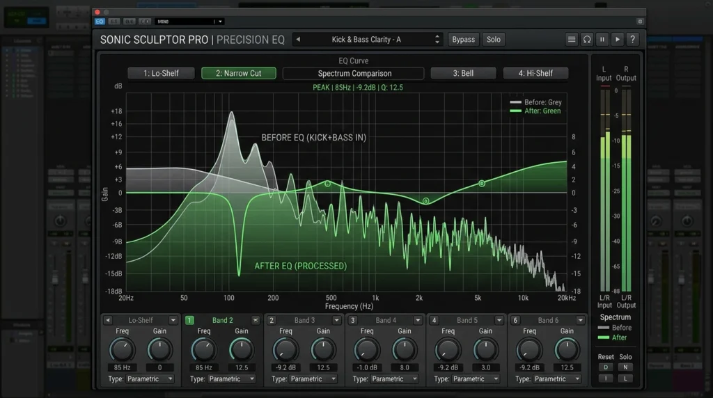 surgical EQ cut on frequency masking problem between kick and bass in mix