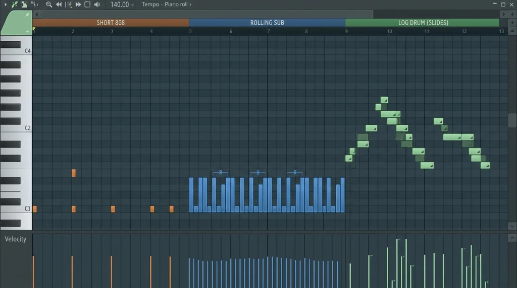 Three bass lines compared: 808, rolling sub and amapiano log drum