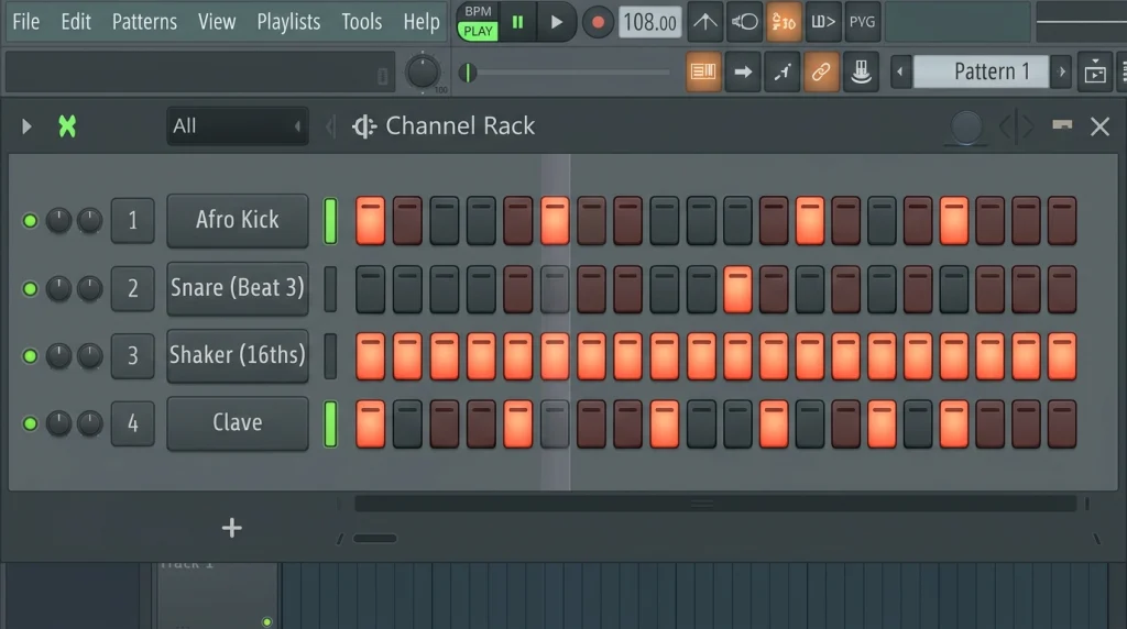 Afrobeat drum pattern with syncopated kick, clave and shaker in a step sequencer