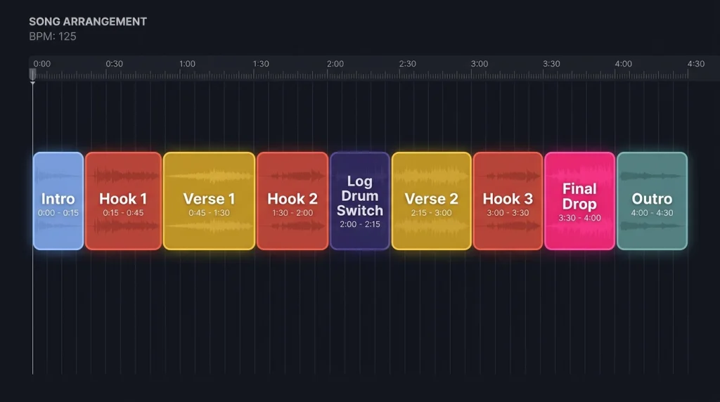 Amapiano radio edit blueprint with bar counts and timestamps for each section