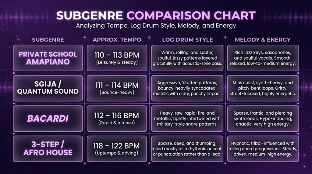 Infographic comparing amapiano subgenres by tempo, log drum and energy