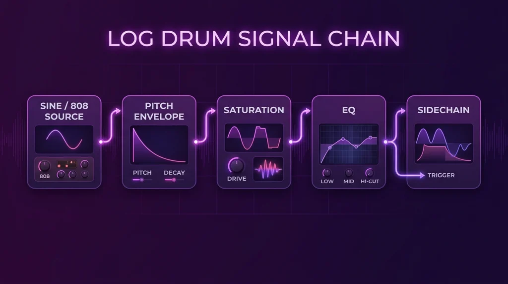 "Log drum sound design chain used across all amapiano subgenres