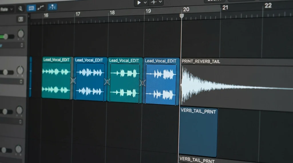 Clean edit points with crossfades on bar lines and a printed reverb tail