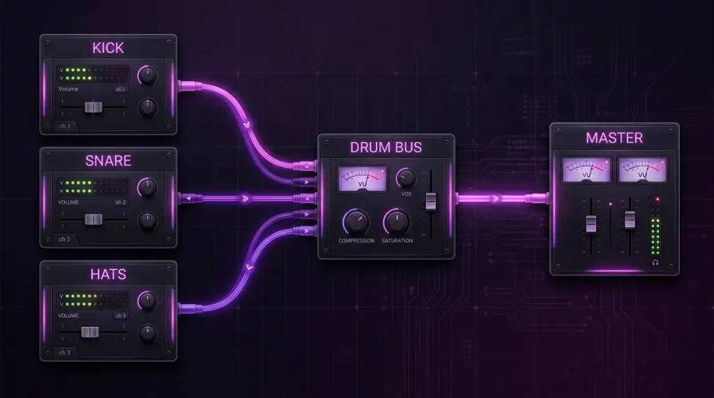 Diagram of drum tracks feeding a drum bus before the master track