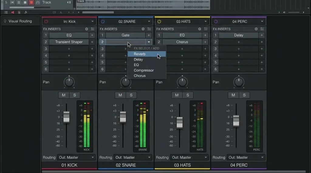 Drum kit channels routed to separate mixer inserts with a single AI prompt
