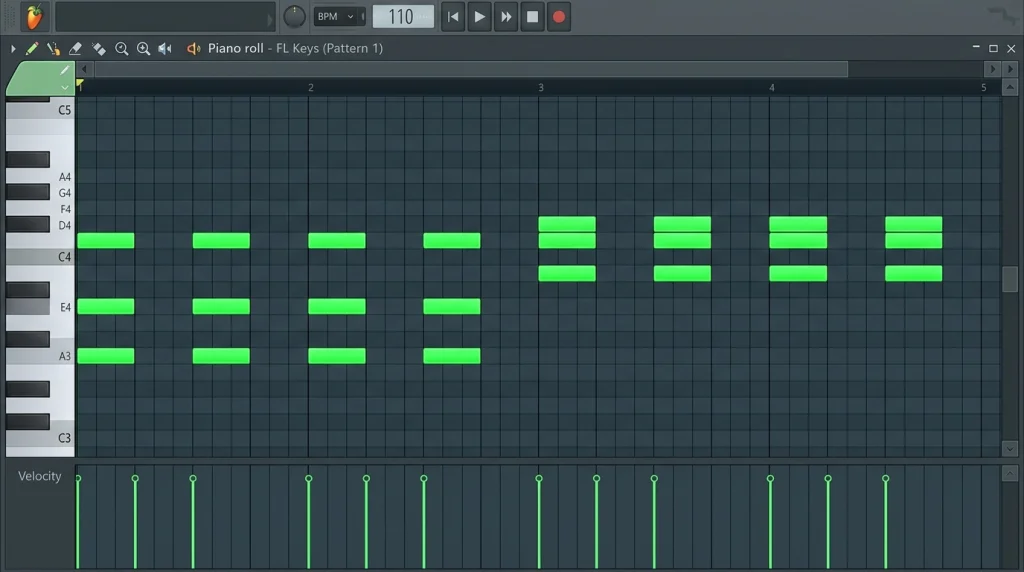 Two-chord minor vamp and synth pluck for an Electro Fuji beat