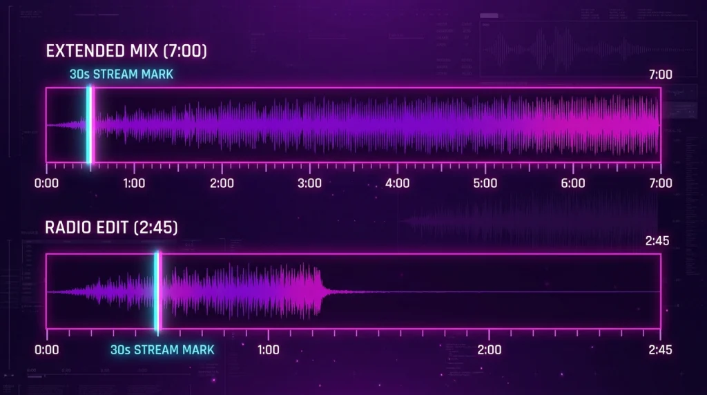 Extended mix and radio edit timelines with the 30 second stream mark